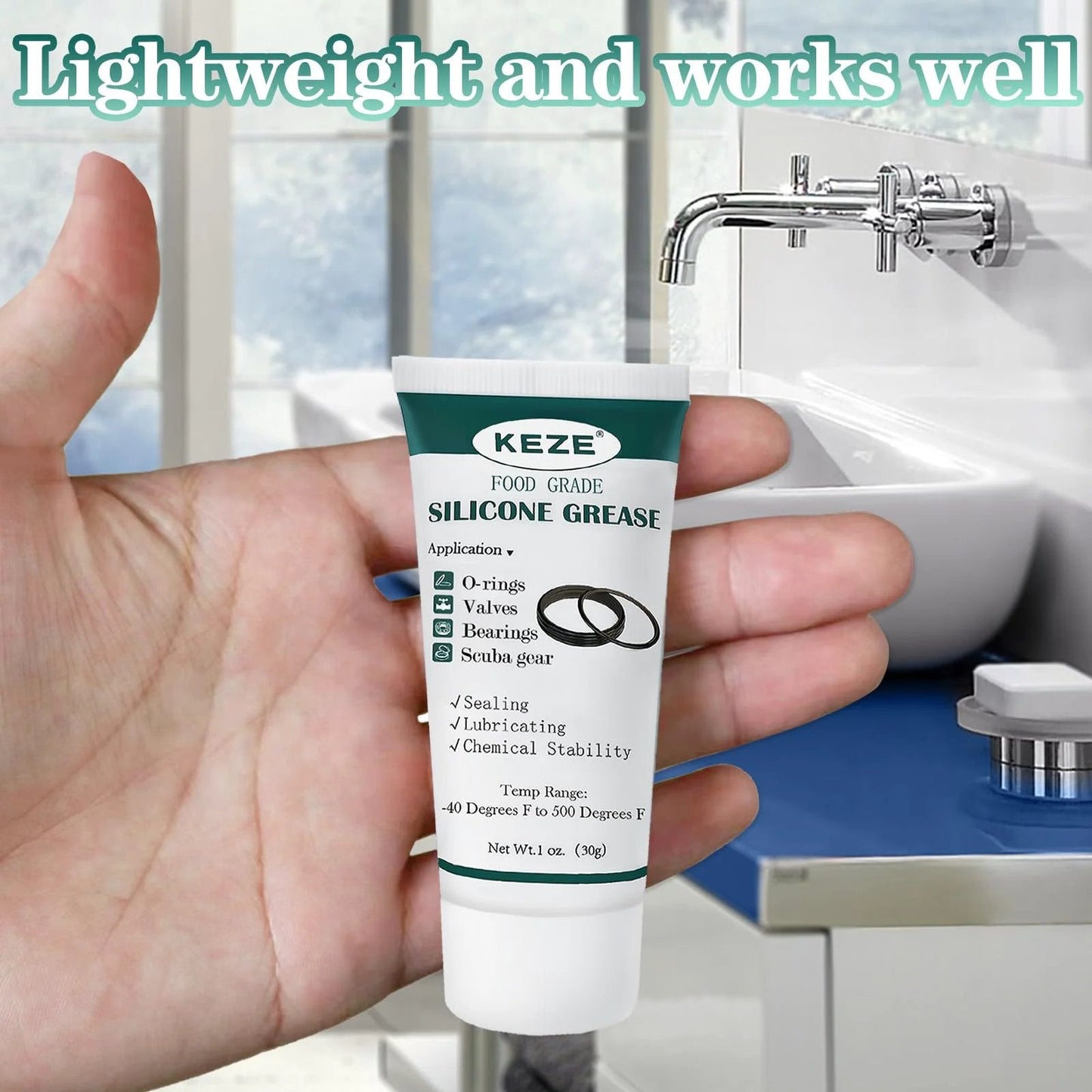 Hand holding 1 oz tube of Food Grade Silicone Grease For Faucets And Valves Waterproof Sealant Lubricant 1 Oz 3 Pack NSF Approved