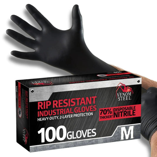 Two Layer 6 Mil Nitrile Gloves Heavy Duty Chemical Resistant Black Textured Grip with packaging