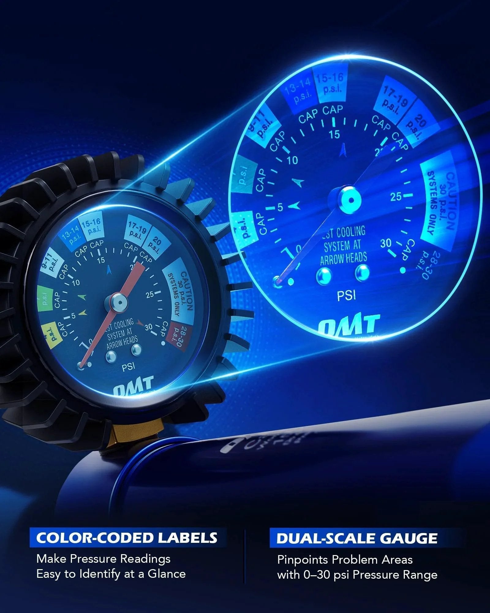 Close-up of All-In-One 7-Piece Radiator Pressure Tester Kit With Aluminum Pump And 0-30 Psi Gauge featuring dual-scale and color-coded labels.