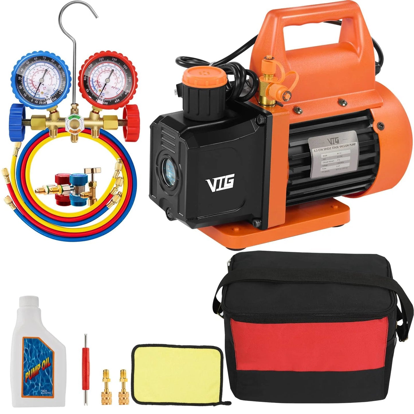 DIY Friendly HVAC Vacuum Pump Kit With Gauge Set For Mini Split And Auto Systems, 4.5 CFM 110V Single Stage, shown with accessories.