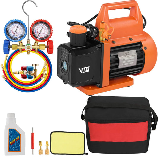 DIY Friendly HVAC Vacuum Pump Kit With Gauge Set For Mini Split And Auto Systems, 4.5 CFM 110V Single Stage, shown with accessories.