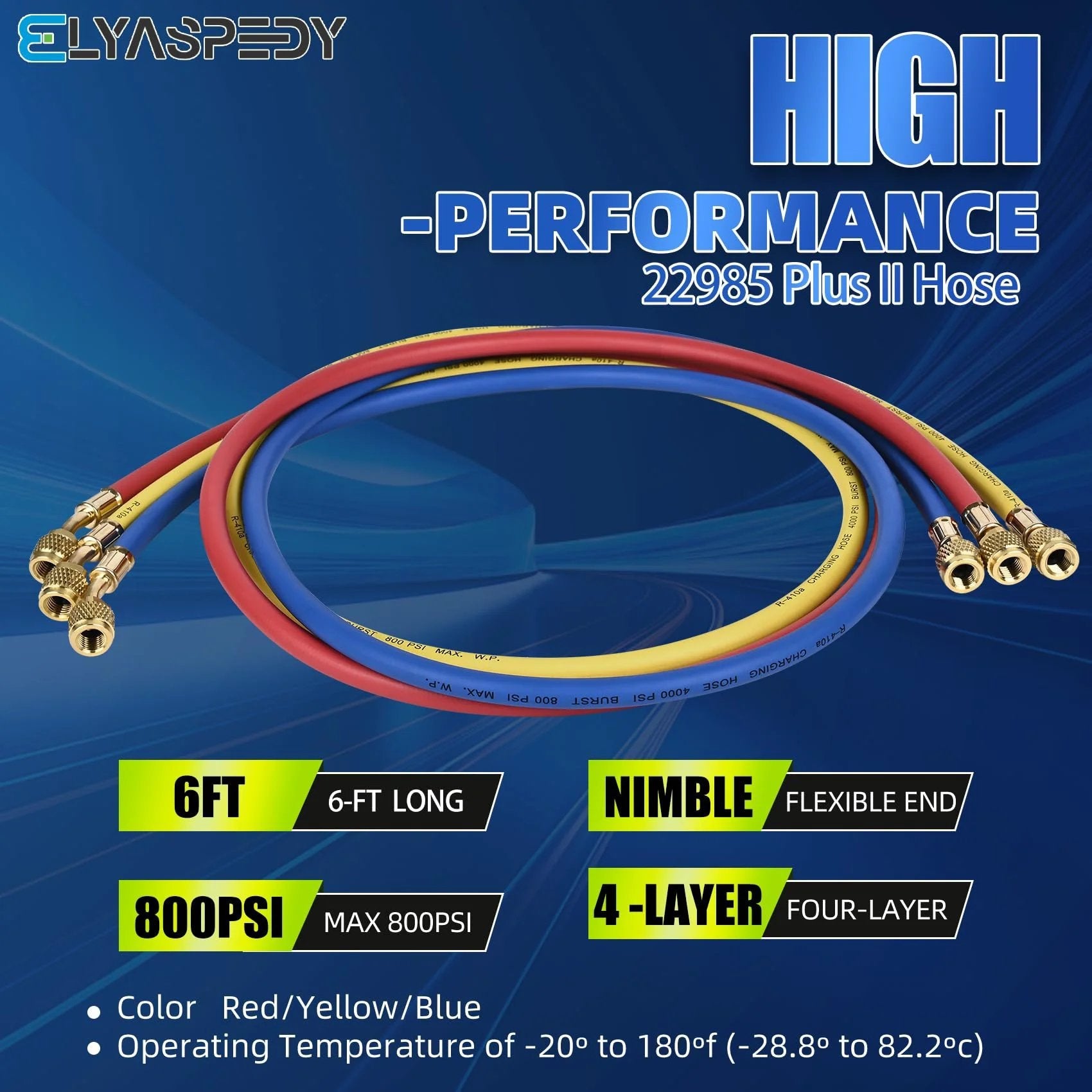 Pro Grade 72 Inch Low Loss Vacuum Certified Manifold Hose Set For R410A And All Common Refrigerants 800 PSI Working Pressure