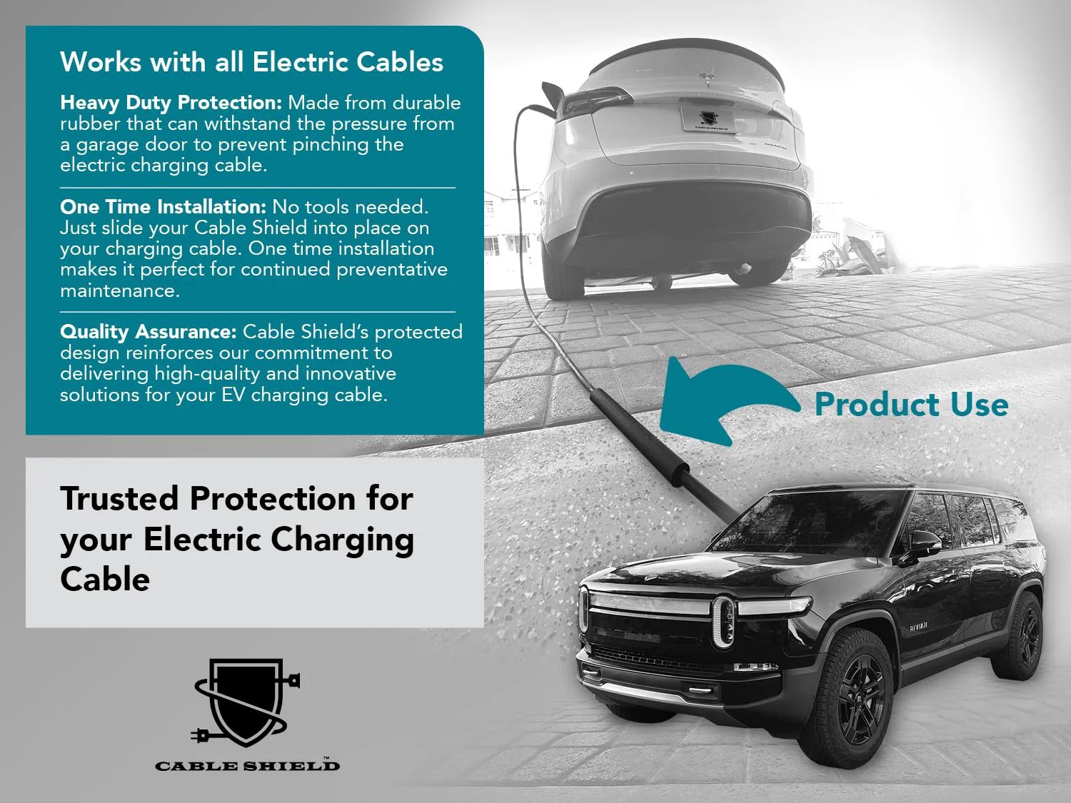 Durable EV Cable Protector For Garage Pass Through 0.5 Inch ID Large, Tool-Free Install Shields Your Charging Cable From Doors, Cars, And Wear, US Made, Easy Protection For Tesla Home Wall Connector And Tesla Mobile Connector Cables in use with electric vehicles