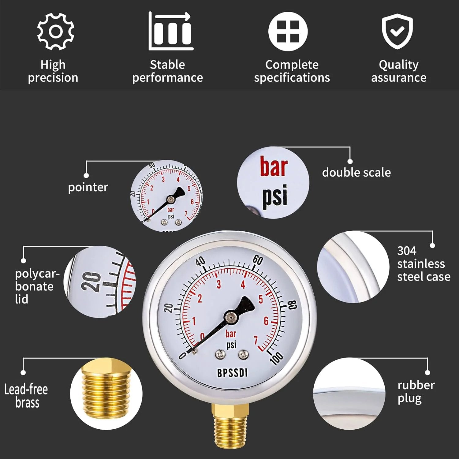 Lead Free 100 Psi Vacuum Water Pressure Gauge With 2.5 Inch Dial And One Quarter Inch G Lower Mount, 304 Stainless Steel Case