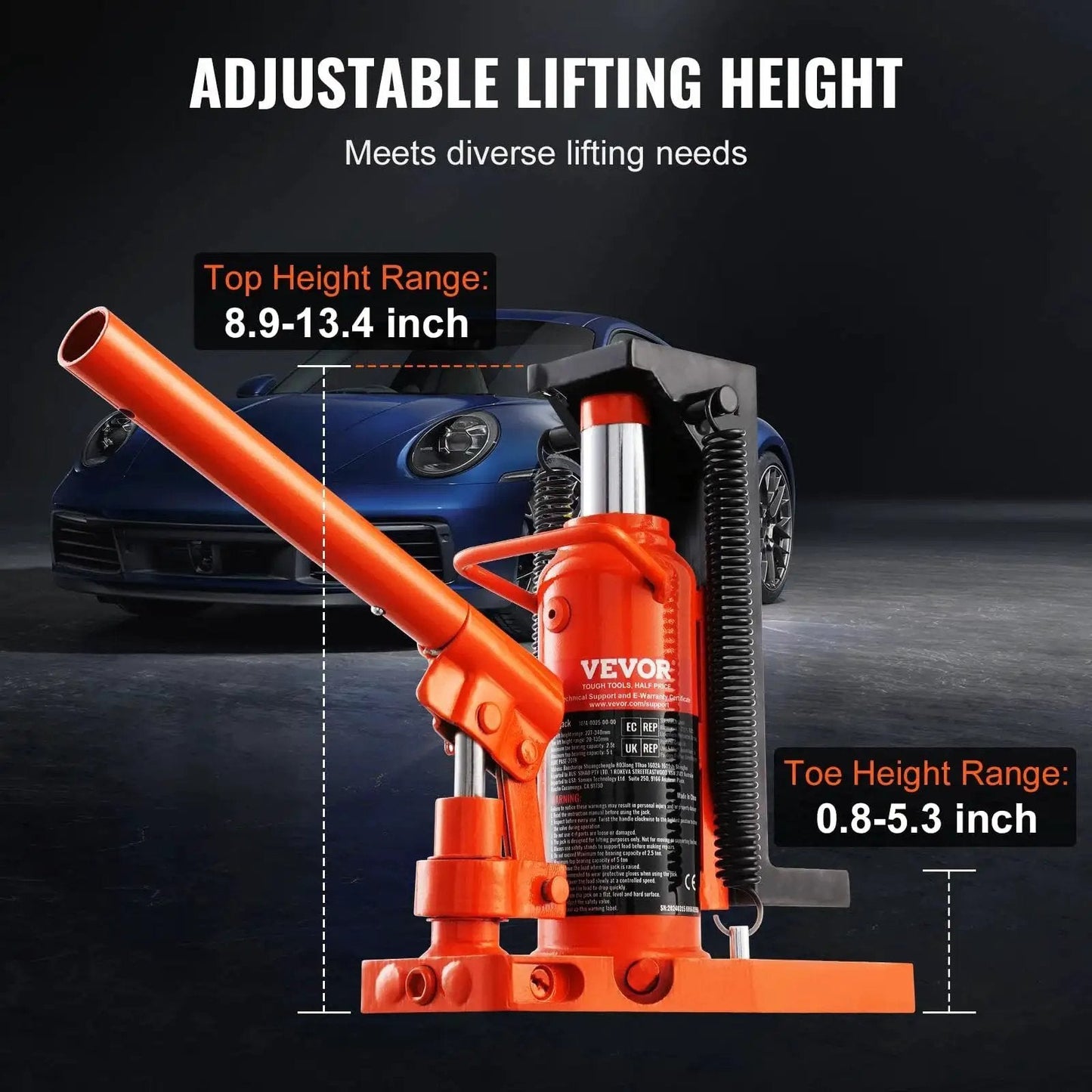 Side view of an Air Hydraulic Claw Jack For Machinery 5 Ton Top Lift 2.5 Ton Toe Lift, with visible height adjustment details.