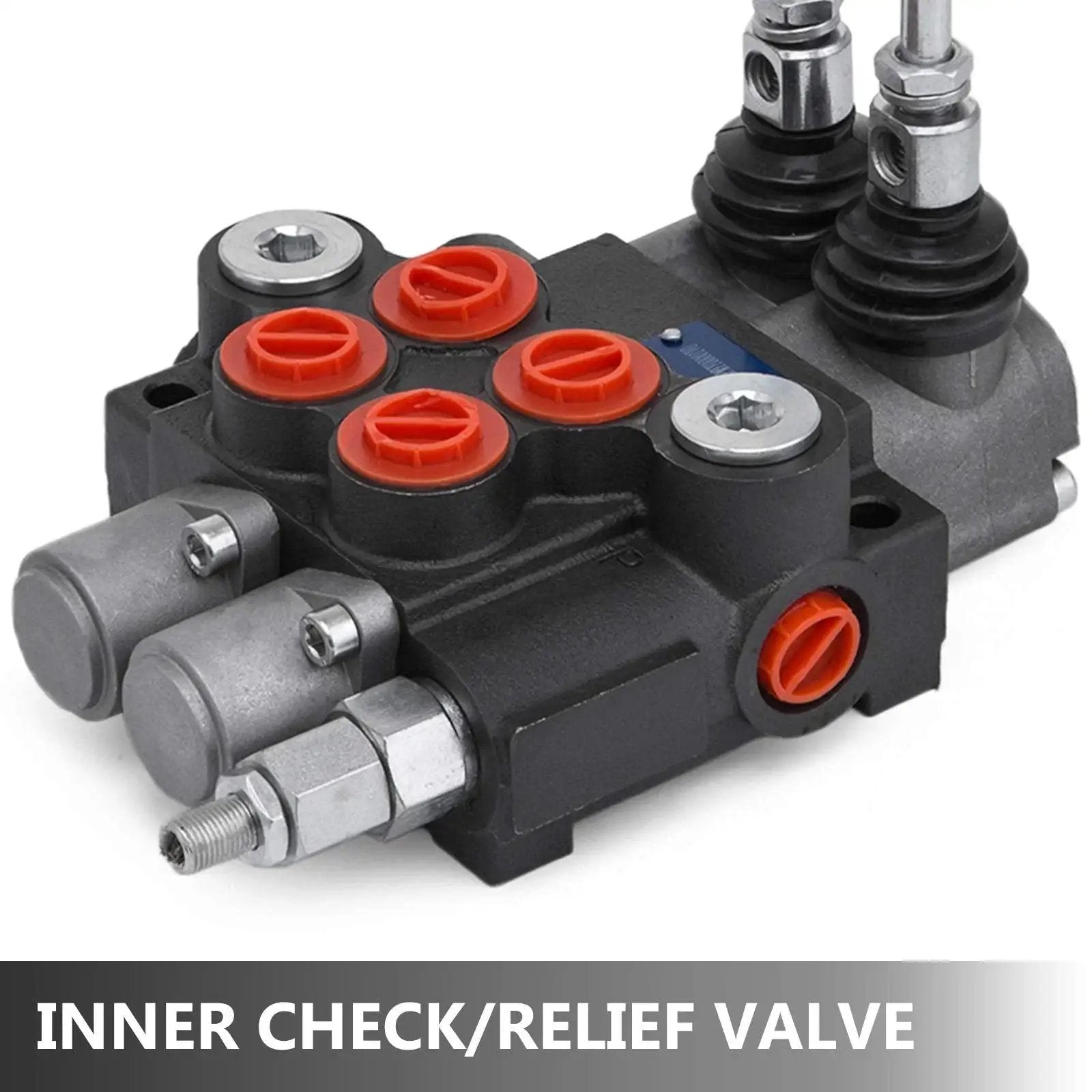 Close-up of a two-spool hydraulic directional control valve for double-acting cylinders, black cast iron, with SAE ports and spring return.