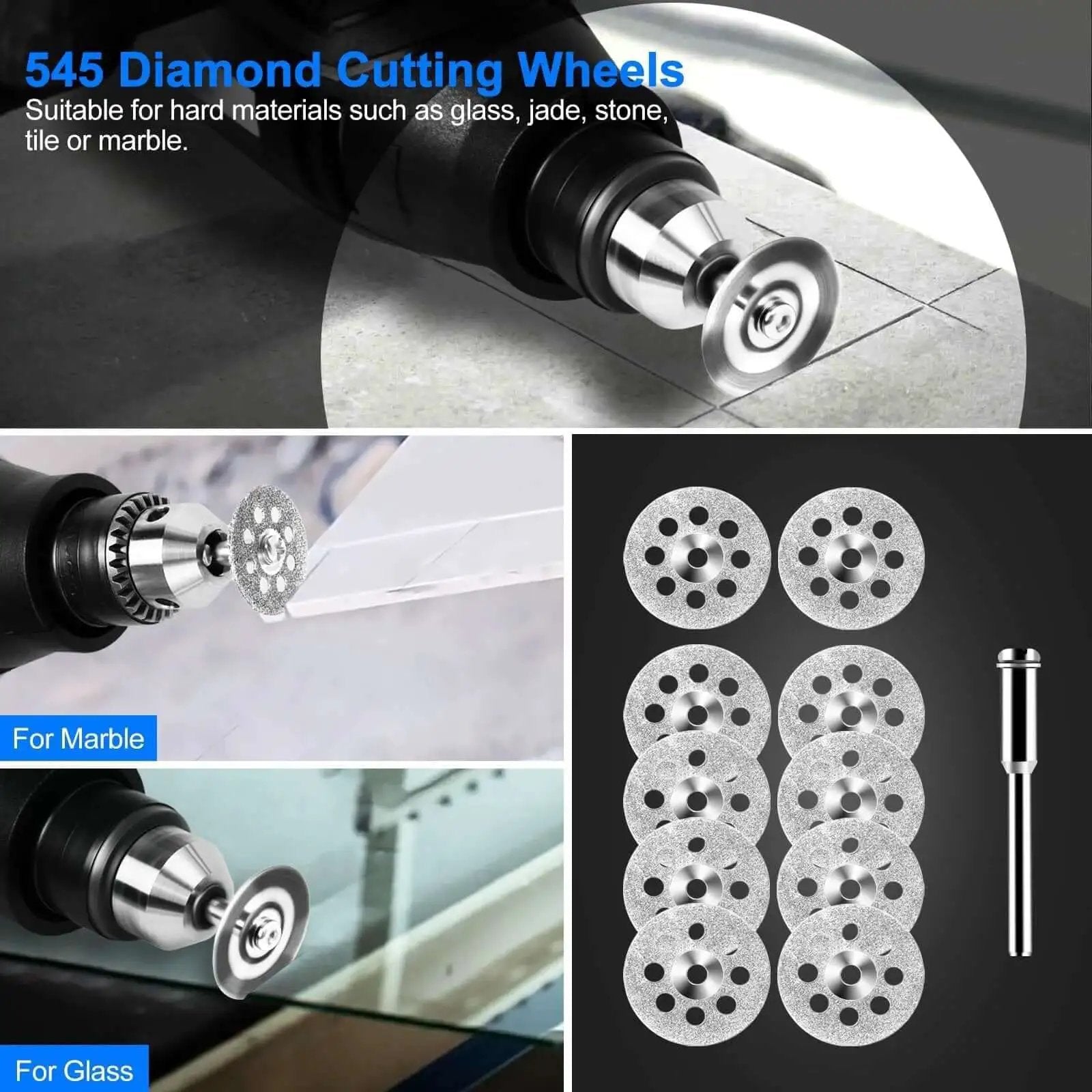 All In One 44 Piece Cutting Wheel Kit For Dremel Rotary Tools From Auxiren with diamond cutting discs in use on glass and marble.