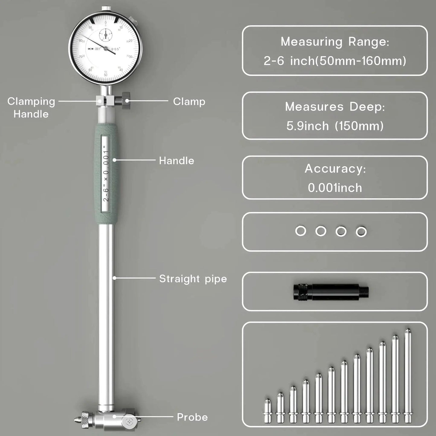 Dial Bore Gauge Set 2 to 6 Inches With 0.001 Inch Accuracy showing gauge, handle, and measuring components for engine cylinder holes.