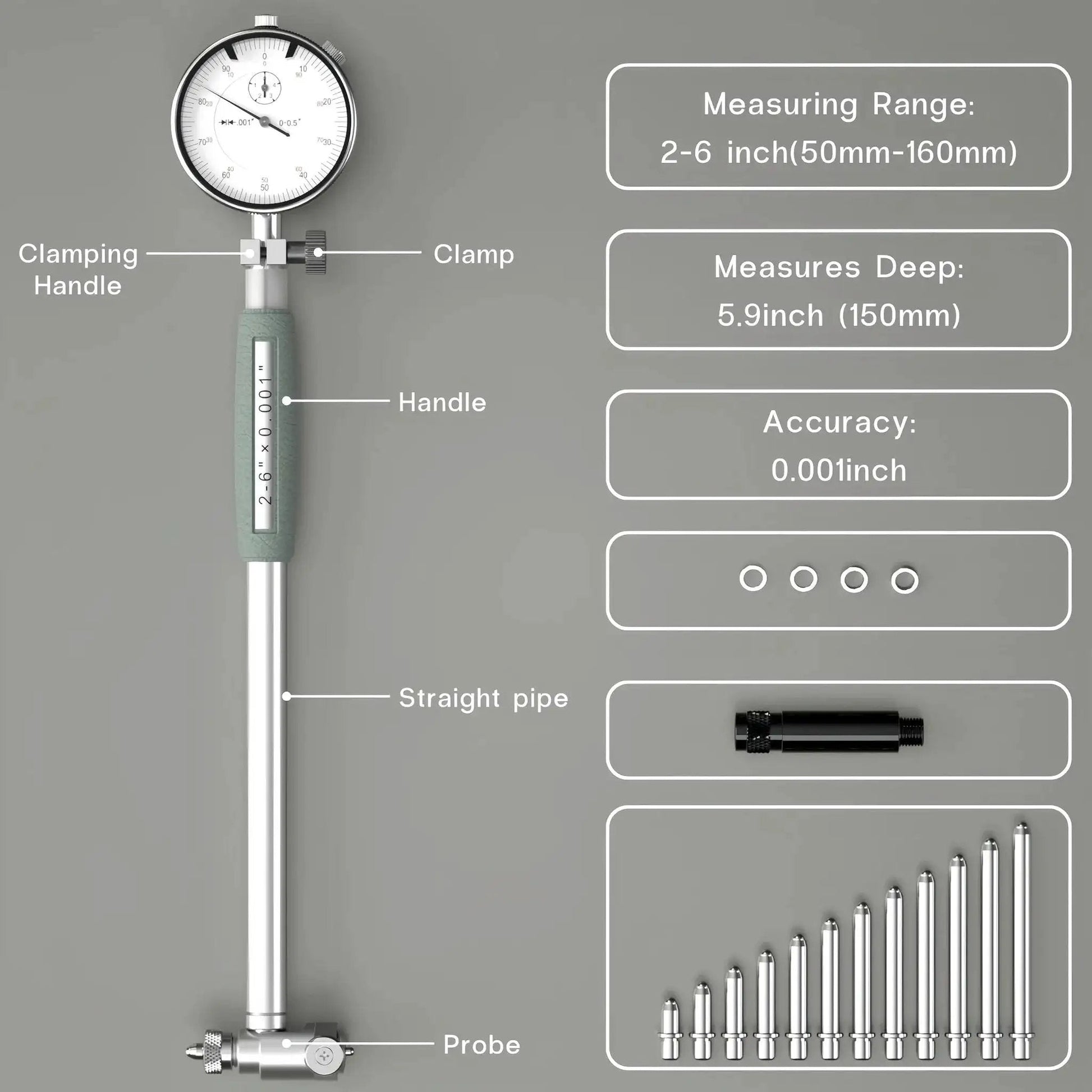Dial Bore Gauge Set 2 to 6 Inches With 0.001 Inch Accuracy showing gauge, handle, and measuring components for engine cylinder holes.