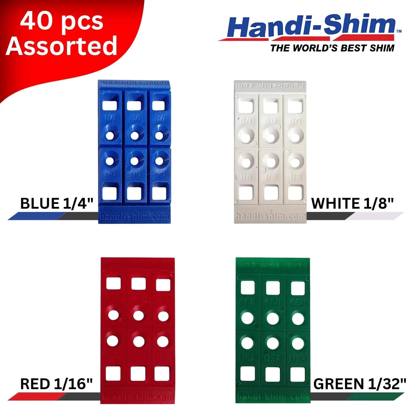 Heavy Duty Reusable Plastic Construction Shims For Spacing And Leveling, 40 Piece Assorted Pack In Four Sizes, color-coded