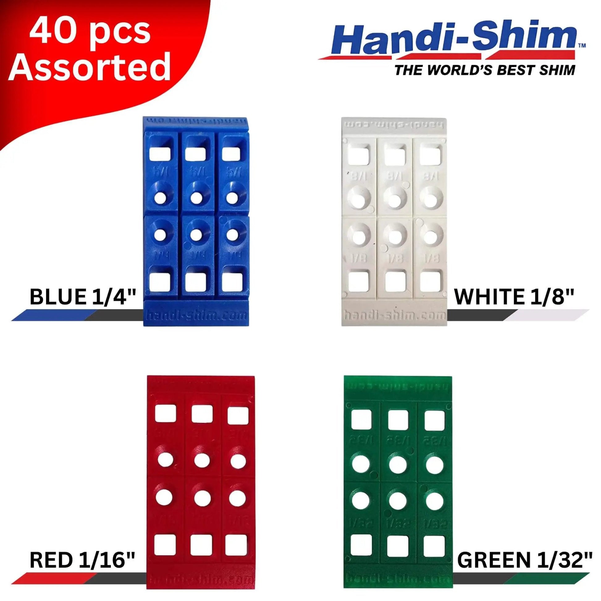 Heavy Duty Reusable Plastic Construction Shims For Spacing And Leveling, 40 Piece Assorted Pack In Four Sizes, color-coded