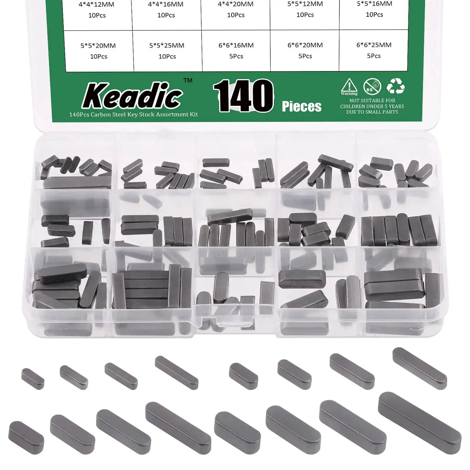 Carbon Steel Round Ended Feather Key Set With 140 Pieces And 16 Size Assortment for drive shaft and pulley fastening.