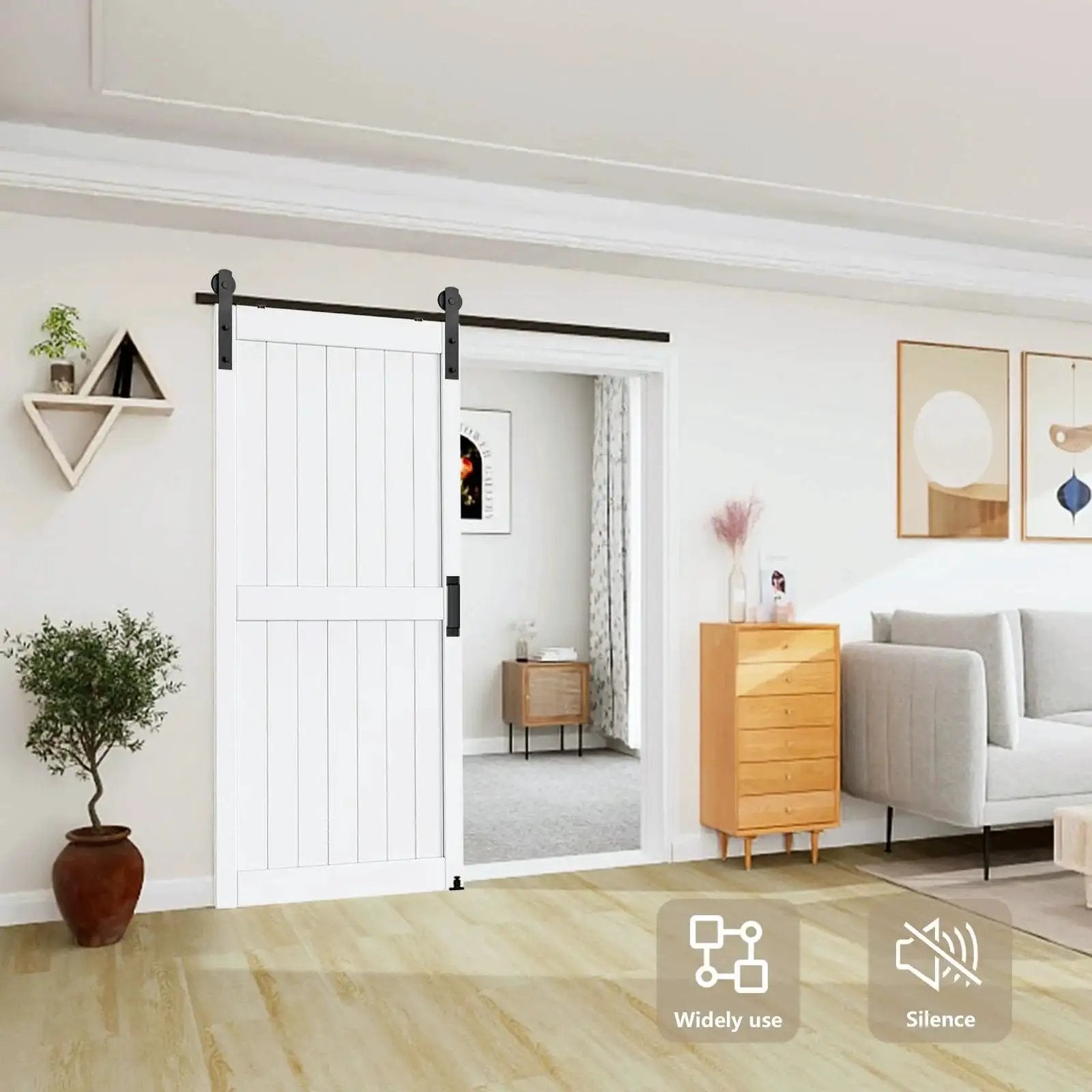Sliding Barn Door Hardware Kit 6.6 Ft Heavy Duty for Smooth Quiet Operation installed in living room