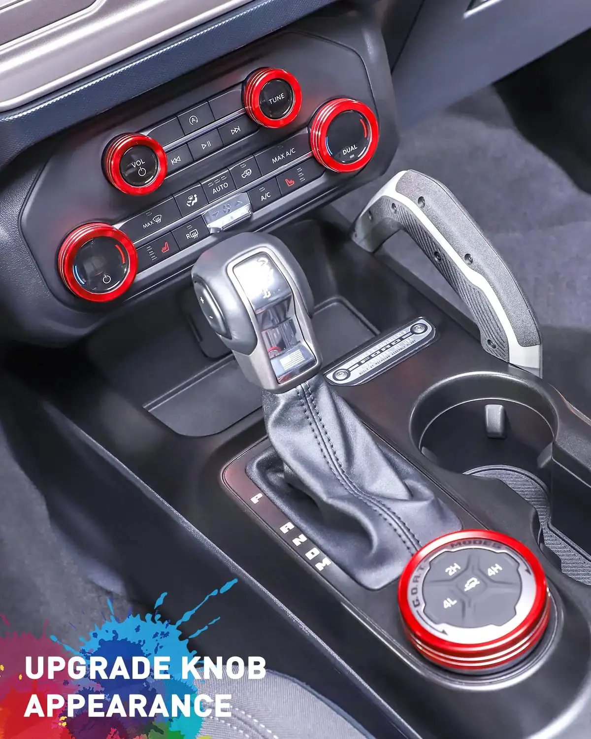 Ford Bronco Billet Aluminum Knob Trim Set Red Bezel For Headlight 4WD HVAC Radio installed on console view