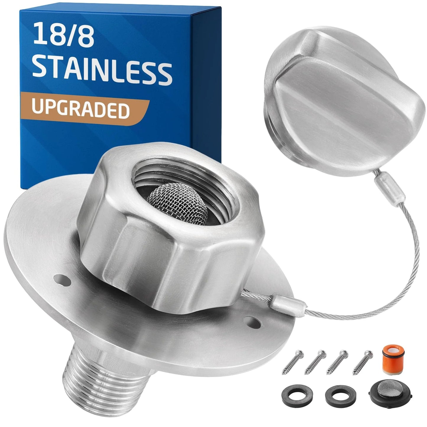 All Metal RV Water Inlet Connection With Check Valve For Camper Trailer Marine And Boat Built Tough In 18 8 Stainless Steel City Water Inlet Replacement With Leak Proof Brushed Finish By KES, showing components and packaging.