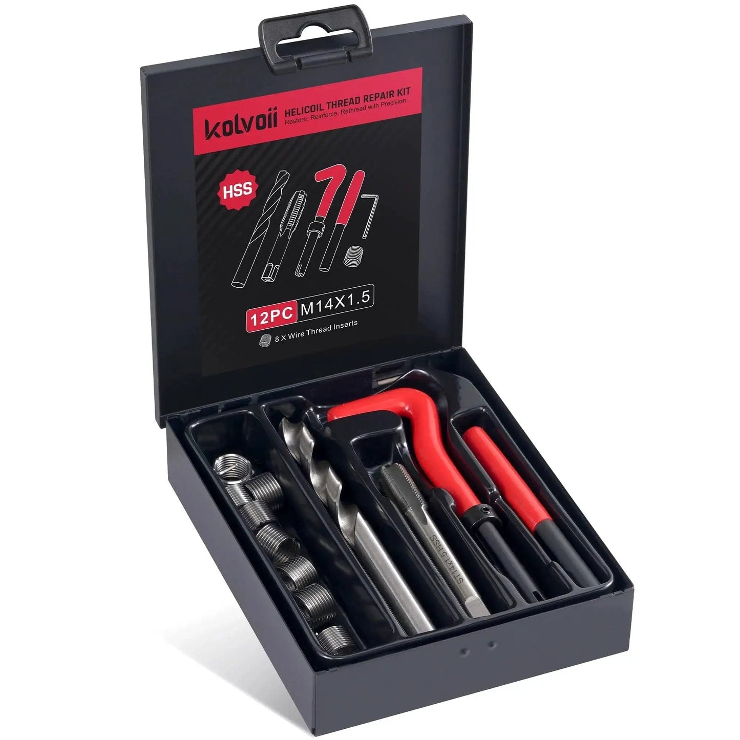 M14x1.5 Thread Repair Kit With Helicoil Inserts Tap Break-Off Tool HSS Drill Bit shown in packaging