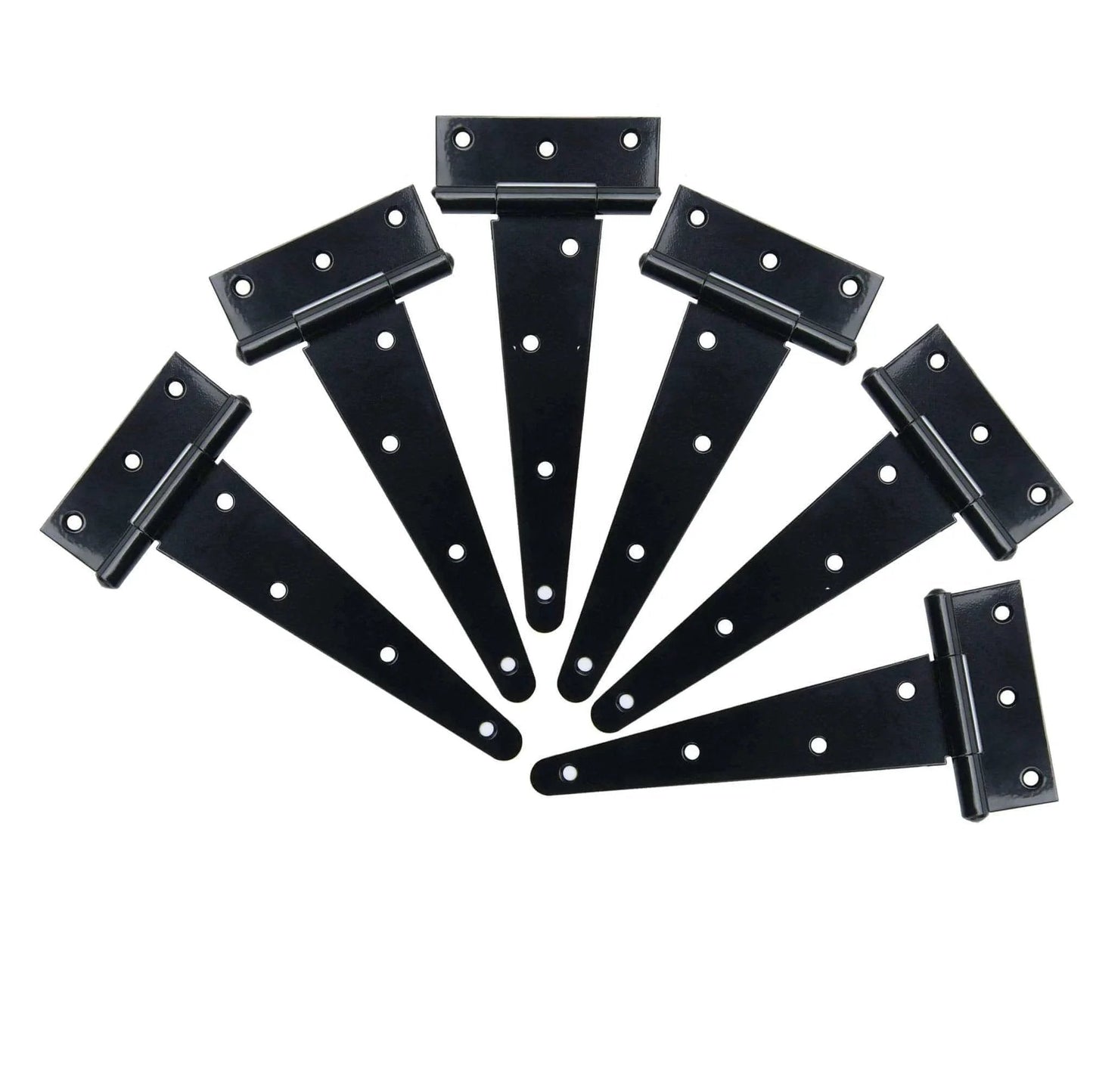 Set of 6 black wrought iron 8 Inch T Strap Barn Door Hinges Heavy Duty Gate Hinge Set, rustproof design against white background