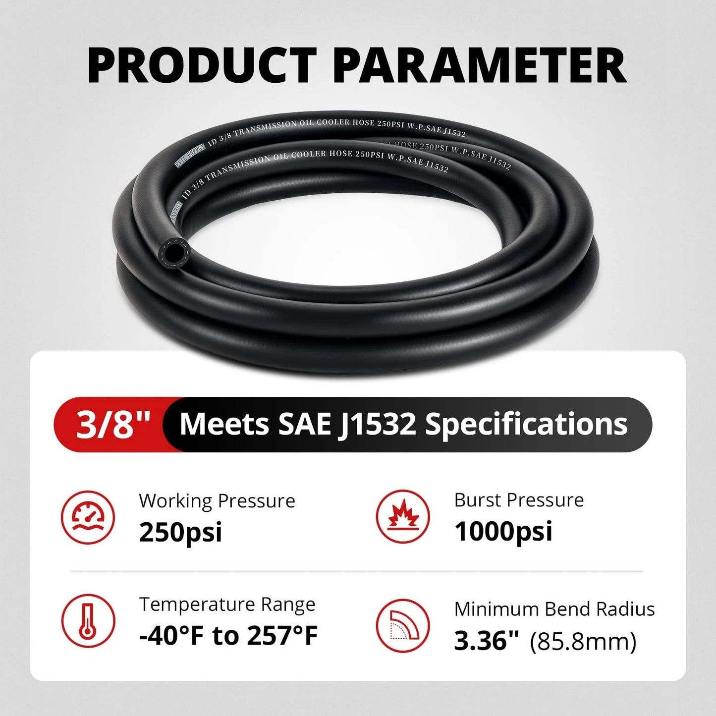 Durable 3 Eighth Inch ID Transmission Hose For Oil And Hydraulic Fluid 5 Ft Long 250 PSI Working Pressure 1000 PSI Burst