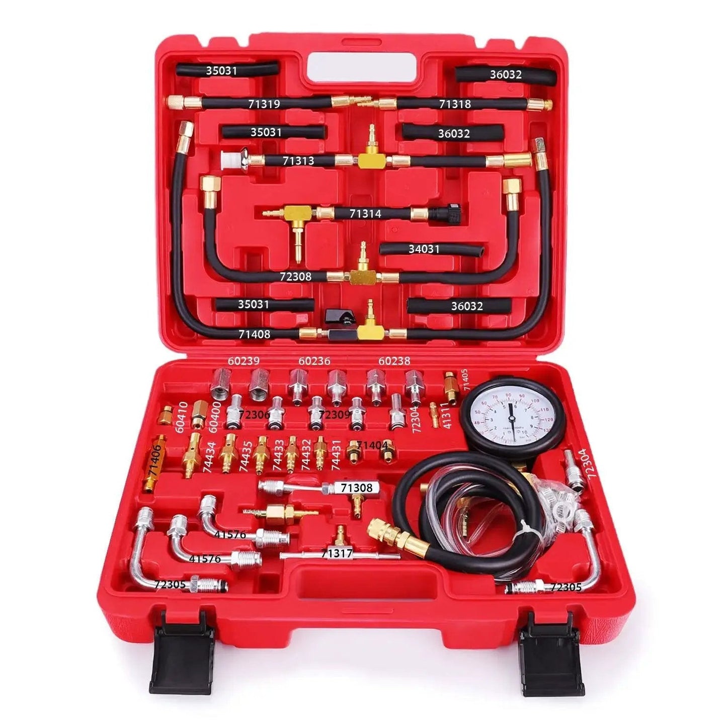 Deluxe Fuel Injection Pressure Tester Kit With Dual Dial Gauge 0 To 140 PSI in red molded case with components displayed