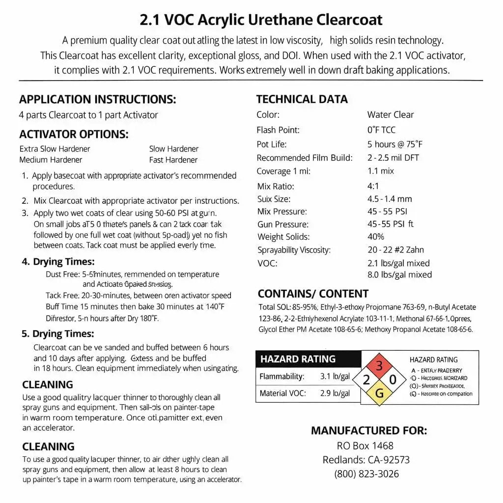 Label of a 2.1 VOC Acrylic Urethane Clearcoat with application instructions and technical data from RO Company.