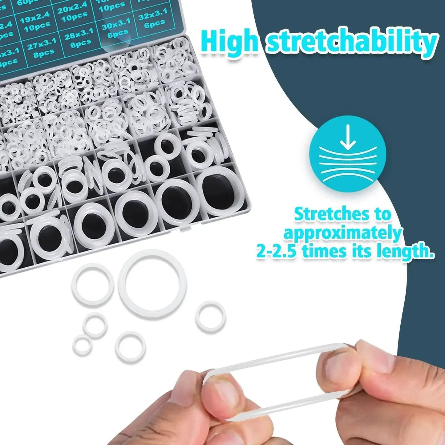 Silicone O Rings Kit 1228 Pcs 32 Sizes With Pick And Hook White Heat Resistant VMQ Seals shown with stretchability demonstration