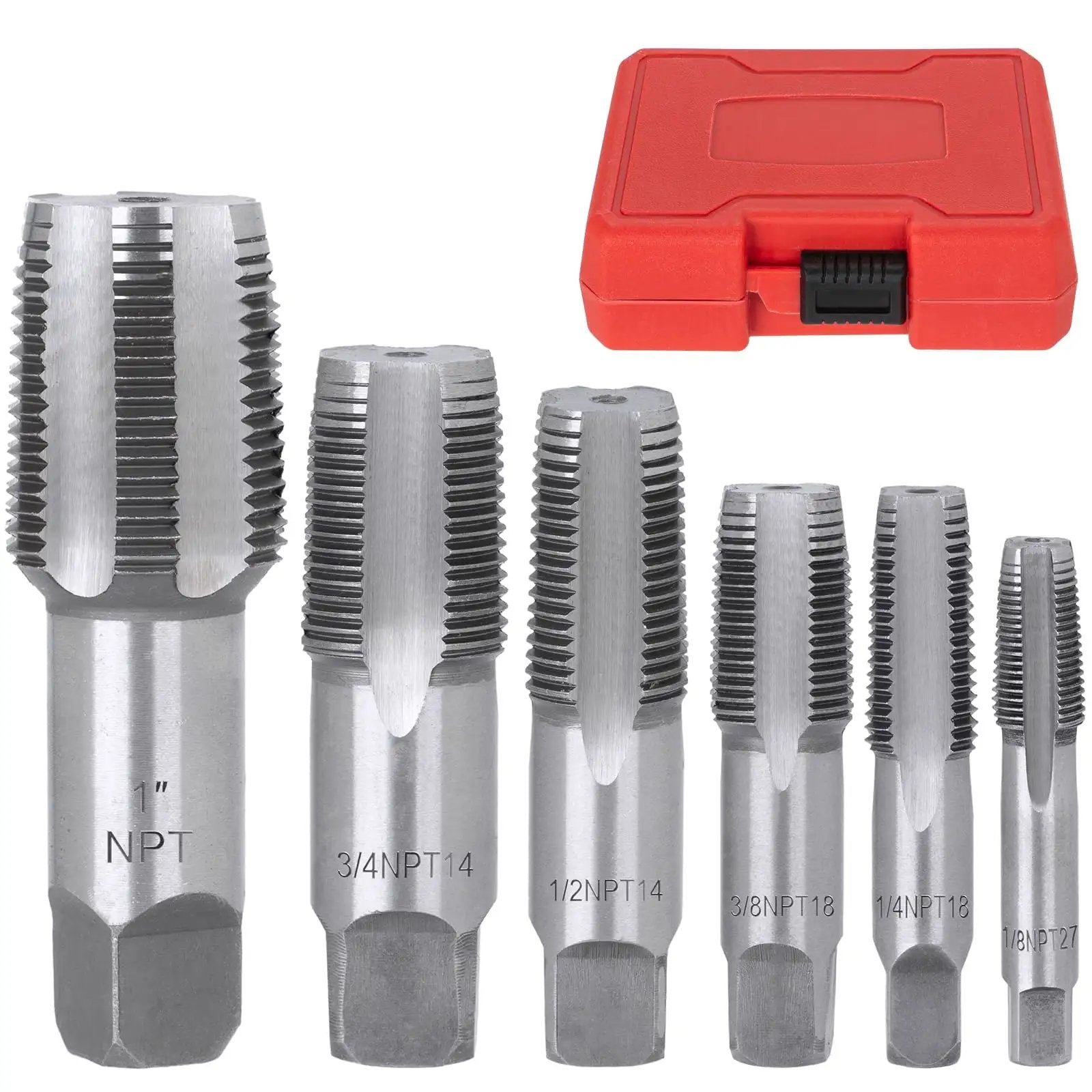 Six Piece NPT Pipe Tap Set Including One Inch Three Quarters Inch One Half Inch Three Eighths Inch One Quarter Inch And One Eighth Inch Taps For Pipe Thread Repair Re Threading Damaged Or Jammed Threads In Bearing Steel With Heavy Duty Storage Case