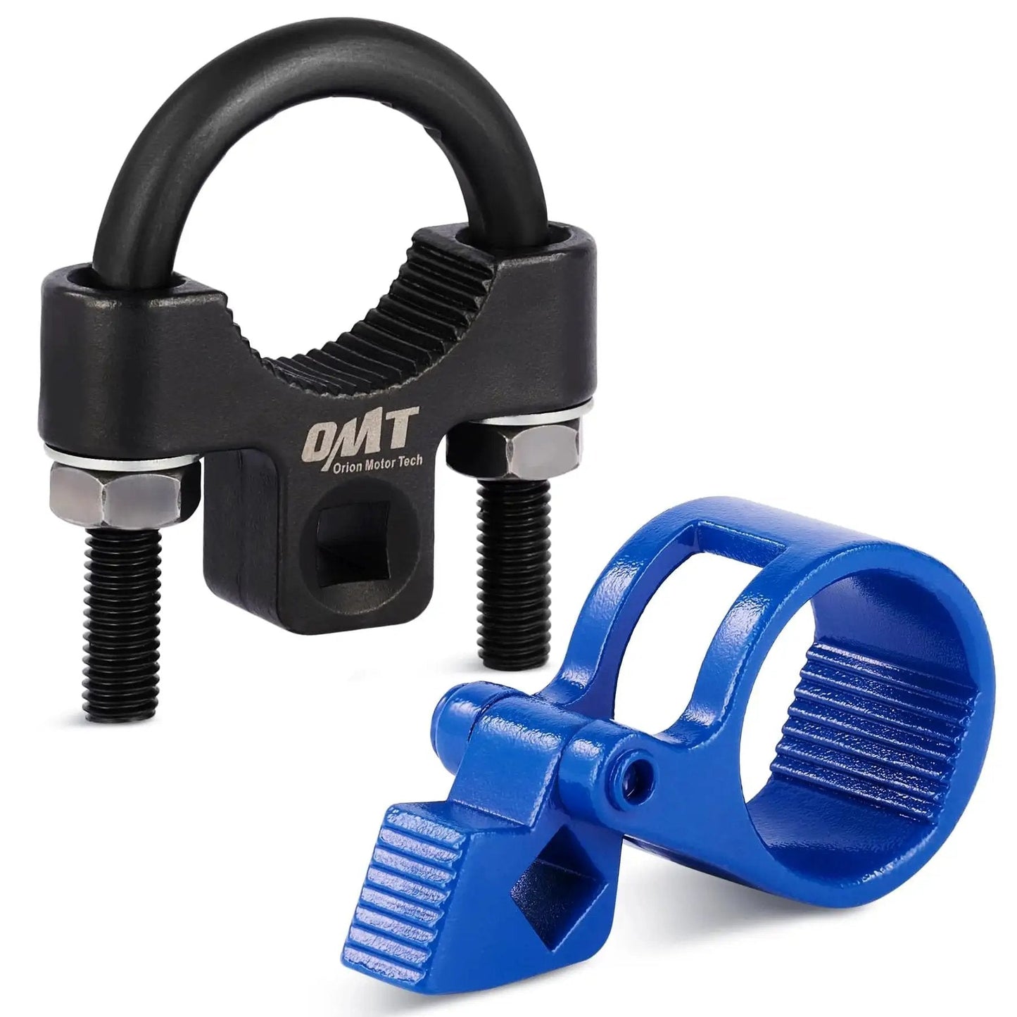 Inner Tie Rod Removal Tool Eighth Inch Square Drive Fits 27 To 44 Mm Ends, black and blue metal tool, front view