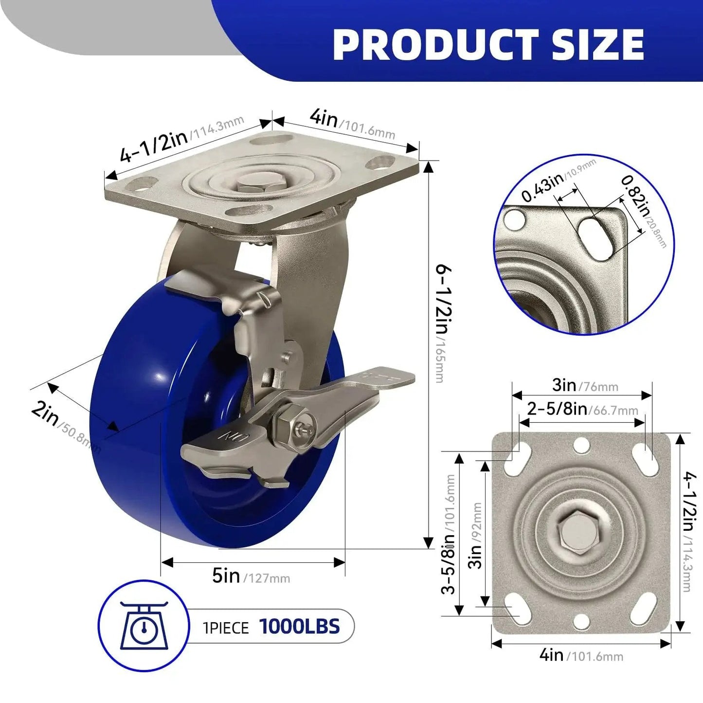 Diagram of stainless steel 5 inch heavy duty caster wheel, anti corrosion rust proof design, blue solid polyurethane wheel