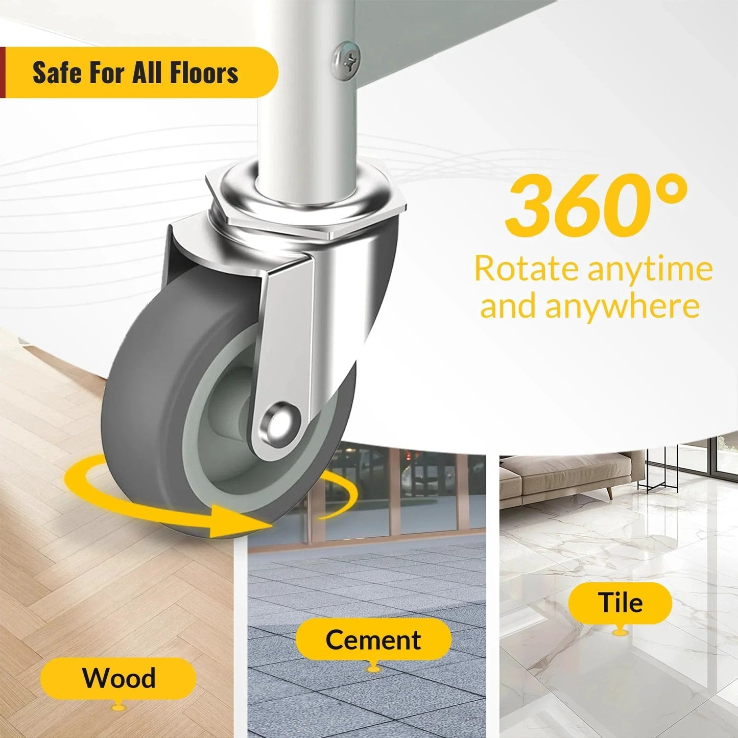 Close-up of 3 Inch Swivel Caster Wheels With No Brake showing rotation on wood, cement, and tile floors