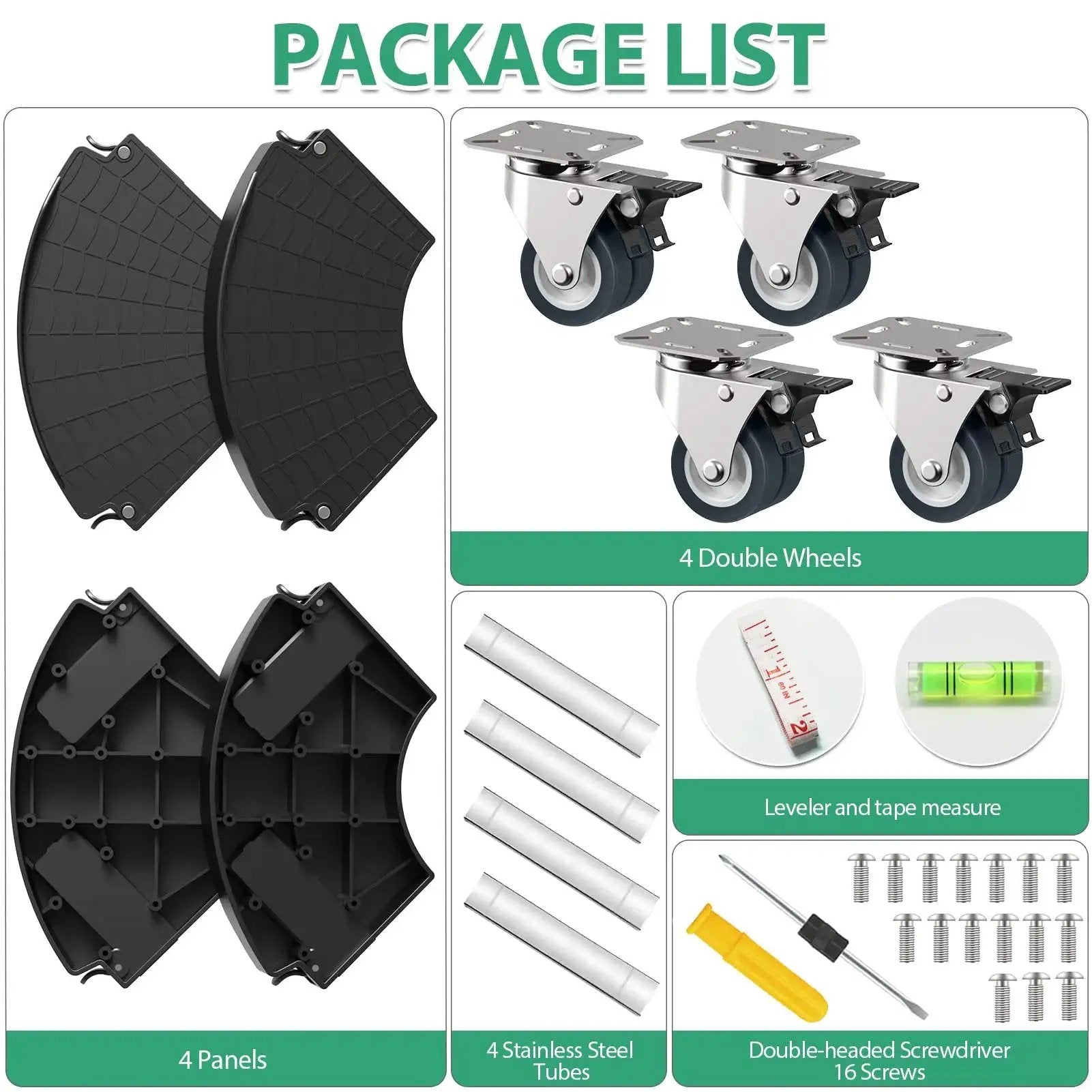 Package contents for Lockable Wheel Plant Caddy Heavy Duty 450 Pounds Capacity adjustable plant stand and parts.