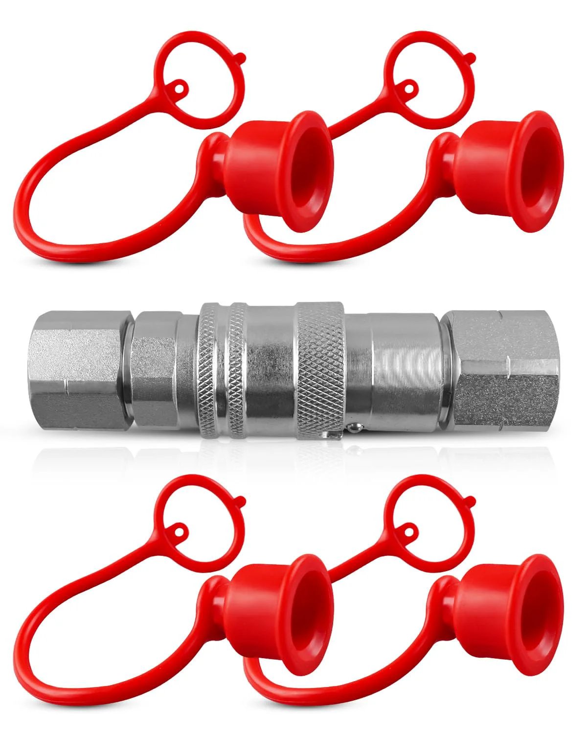Three Eighths Inch Flat Face Hydraulic Quick Connect Couplers With Dust Caps For ISO 16028 Flat Face And Three Eighths Inch Body And One Half Inch NPT Thread Sleeve Lock Anti Detach System With Debris Shield, shown in set of four with red dust caps