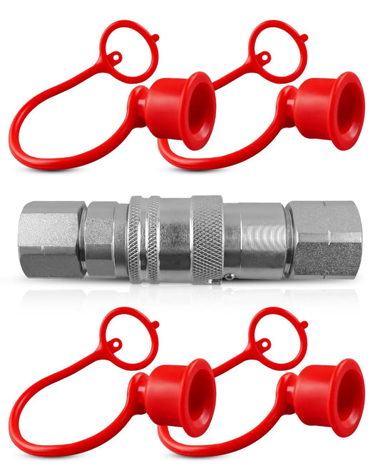 Three Eighths Inch Flat Face Hydraulic Quick Connect Couplers With Dust Caps For ISO 16028 Flat Face And Three Eighths Inch Body And One Half Inch NPT Thread Sleeve Lock Anti Detach System With Debris Shield, shown in set of four with red dust caps