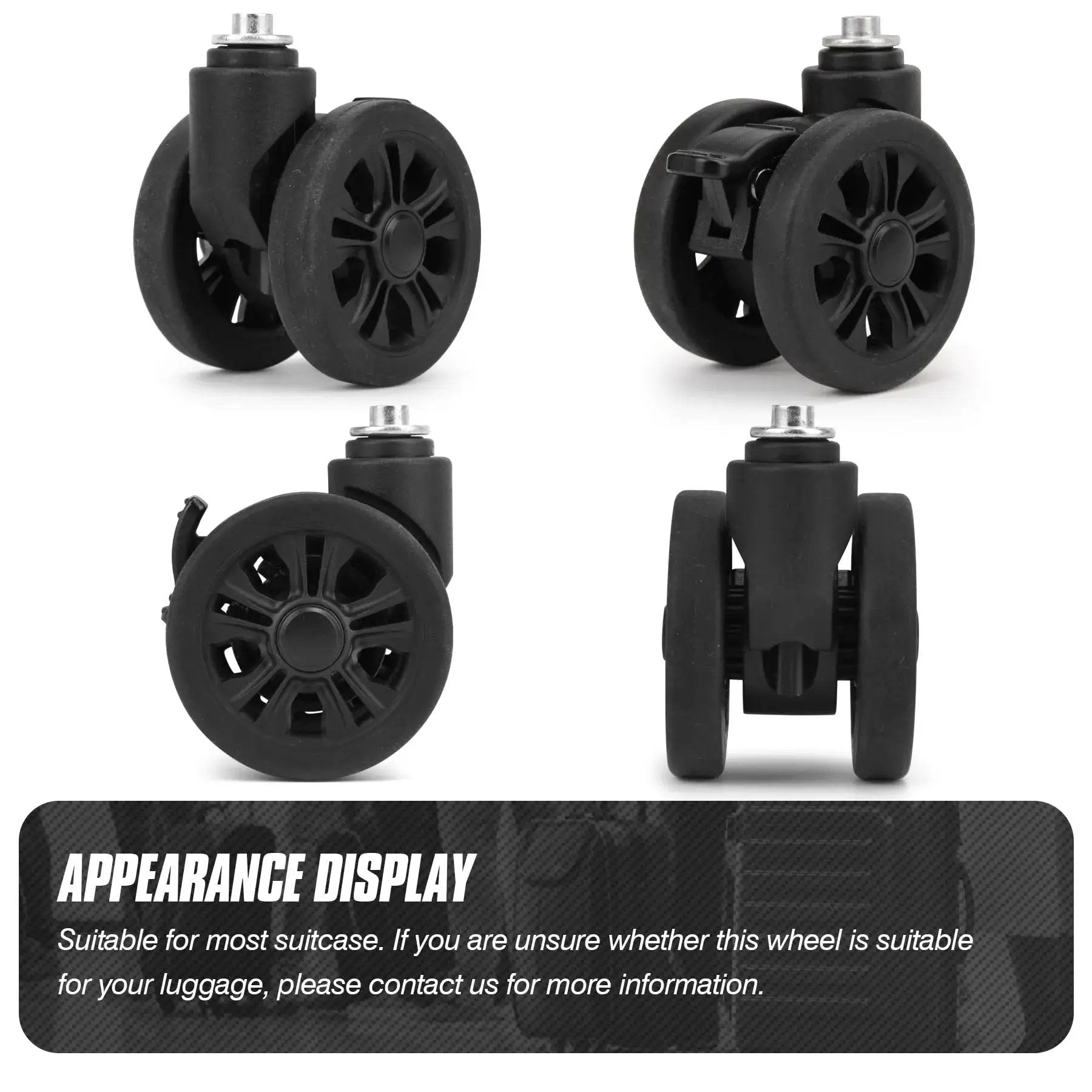 Universal Luggage Replacement Wheels With Brake System 360 Swivel For Travel Suitcases Silent 55mm Wheels shown in 4 views