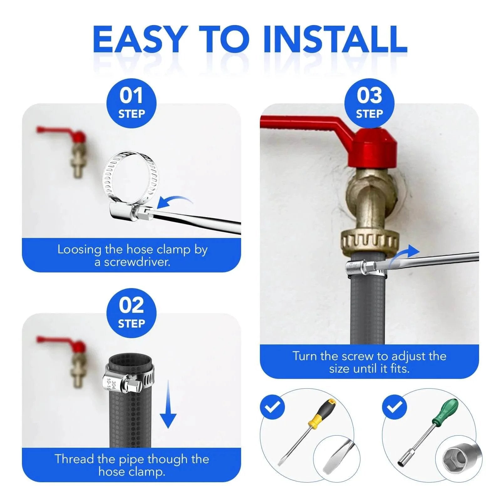 Installation steps illustrated for 46 Piece Premium Adjustable Stainless Steel Hose Clamps Kit Featuring Seven Size Range From Quarter Inch To One And One Half Inch For Fuel Line Plumbing Automotive And Mechanical Applications Long Lasting Worm Gear Clamps.