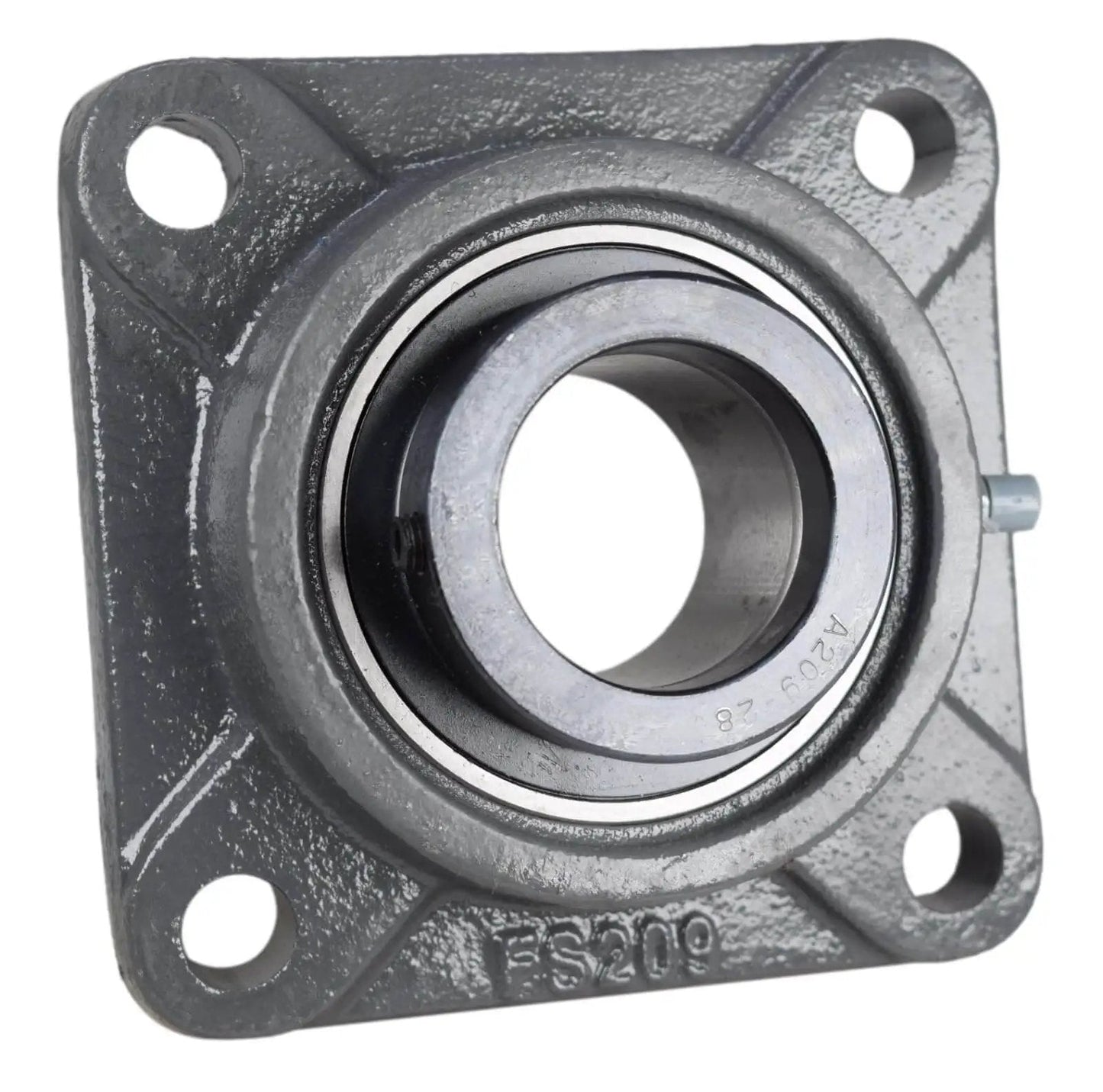 One And Three Quarter Inch Four Bolt Flange Bearing With Cam Lock Collar Cast Iron Housing Grease Zerk Bore One And Three Quarter Inch Bolt Hole Span Four Point One Three Three Inches RCJ P4B SXR front view