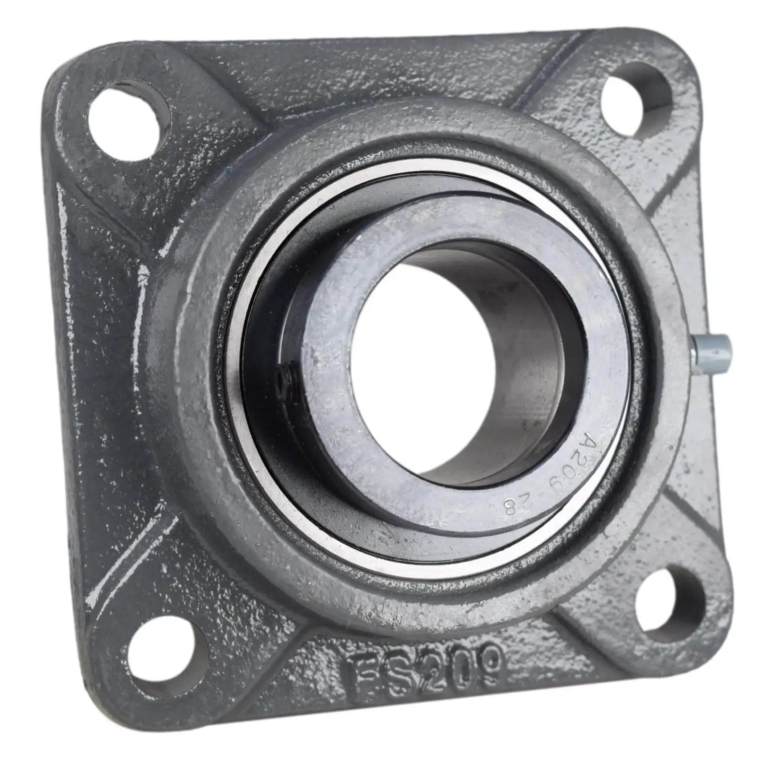 One And Three Quarter Inch Four Bolt Flange Bearing With Cam Lock Collar Cast Iron Housing Grease Zerk Bore One And Three Quarter Inch Bolt Hole Span Four Point One Three Three Inches RCJ P4B SXR front view
