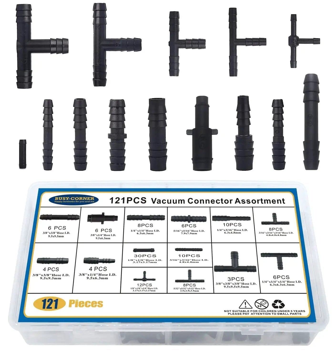 Assorted connectors from 121 Piece 14 Size Automotive Vacuum Connector Kit Nylon Includes Tee Reducer And Straight Vacuum Hose Connectors