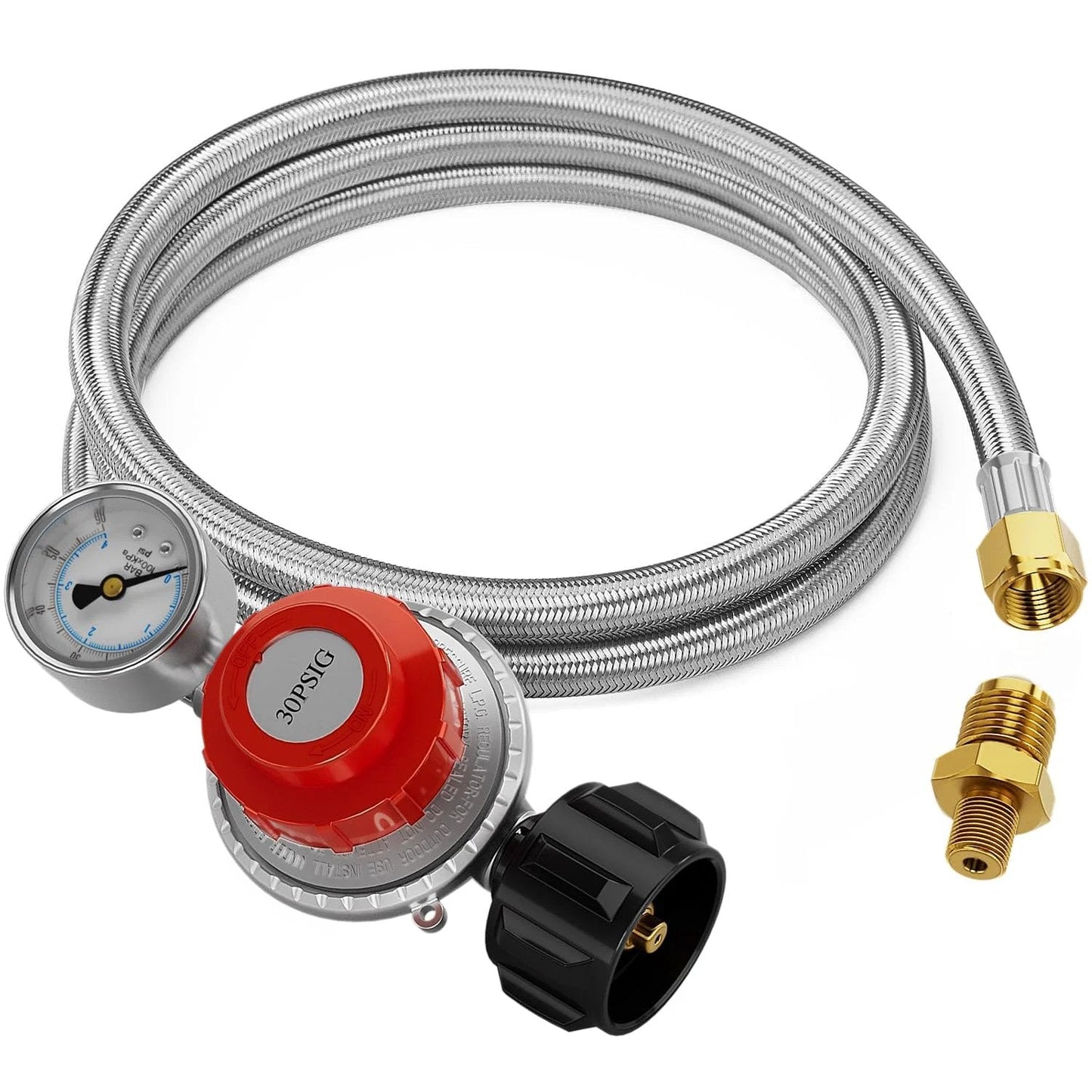 5 Ft High Pressure Propane Regulator Hose With Gauge 0-30 PSI Adjustable, stainless steel braided gas line with brass fittings