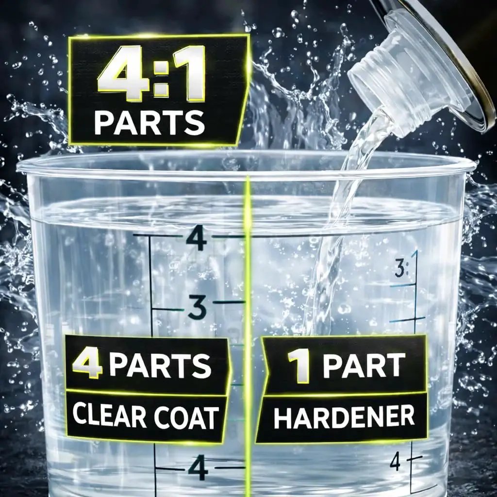 Mixing guide for 2K Clearcoat Automotive Paint Kit With Hardener Topcoat For Cars 1.25 Gallon showing 4:1 ratio