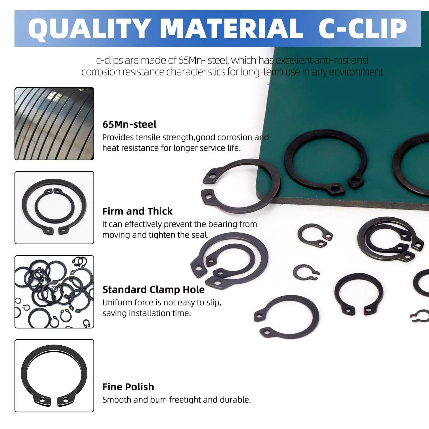266 Piece 21 Sizes C Clip External Retaining Rings Set With Tweezer 65Mn Steel Snap Ring Kit For Axles Shafts And Moving Parts
