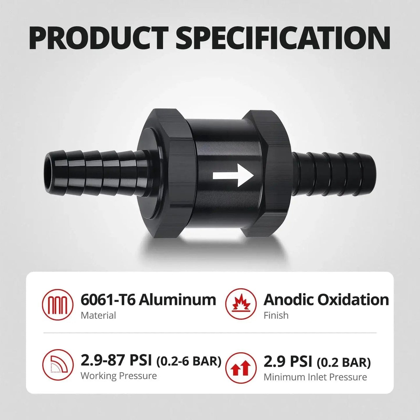 One Way Fuel Check Valve Inline Three Eighths Inch OD 10mm Non Return Diesel Gasoline Black 6061 T6 Aluminum Alloy EVIL ENERGY
