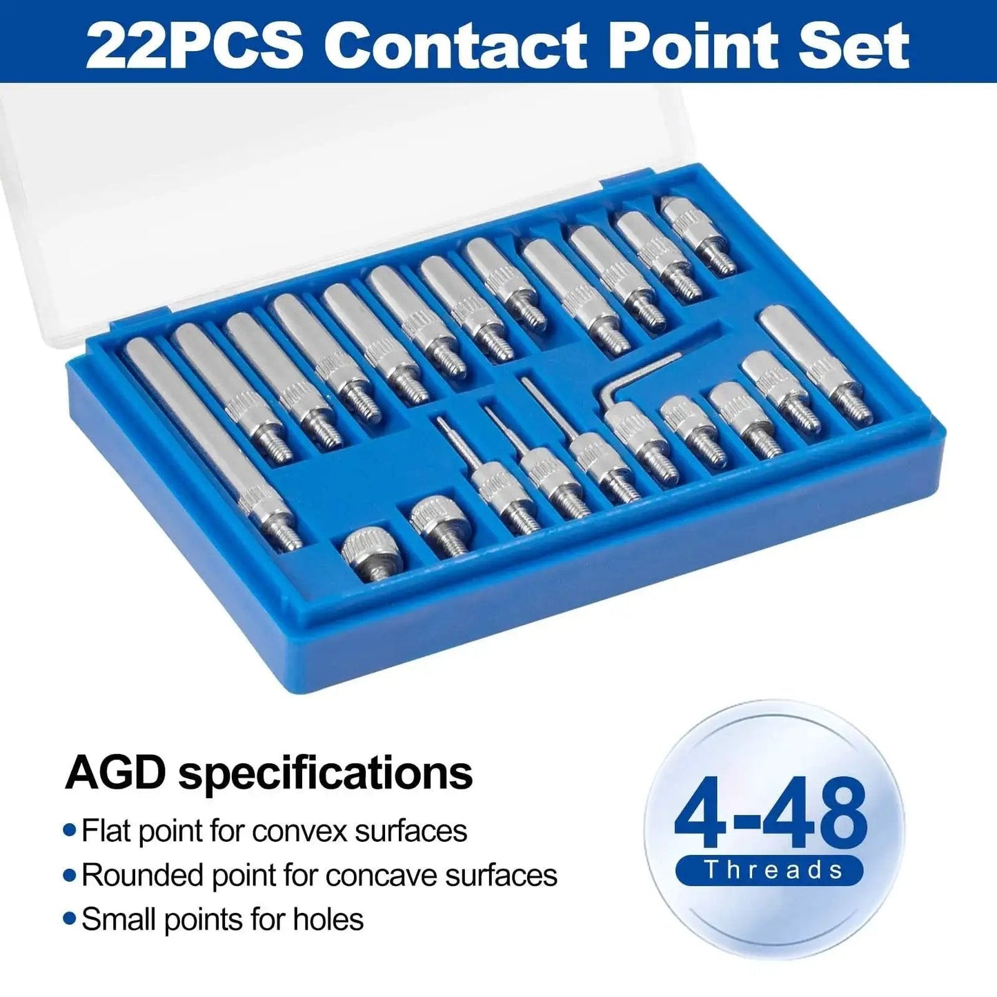 Dial Indicator With Magnetic Base For Precision Alignment And Measurement 0 To 1 Inch Range, 0.001 Inch Resolution, Long Arm Design, Includes 22 Piece AGD Spec Contact Points And 4 To 48 Threads For Machining Automotive And Industrial Inspection contact point set in blue case