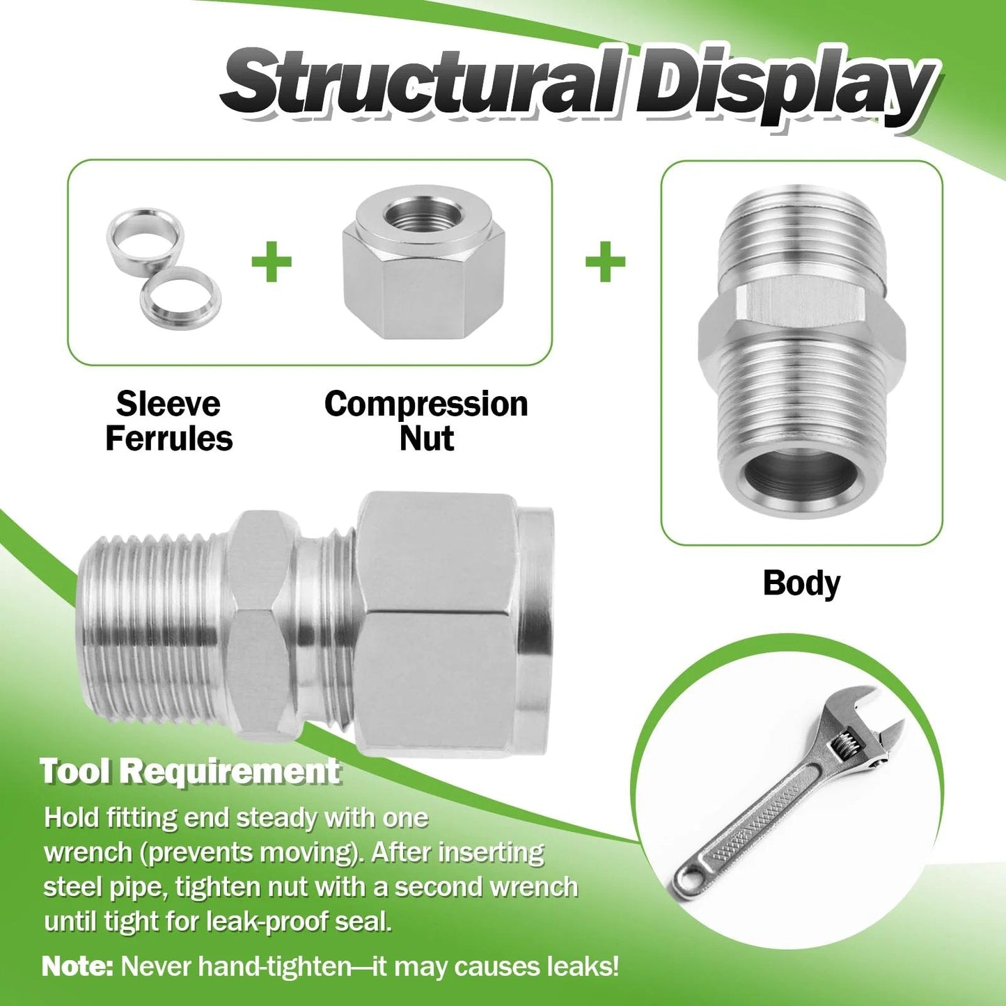 Structural display of Premium 304 Stainless Steel Compression Adapter Pack Of Two For Three Quarter Inch Outer Diameter To Three Quarter Inch NPT Male Tube Fittings Built To Last In Water Oil And Air Lines Goldpea