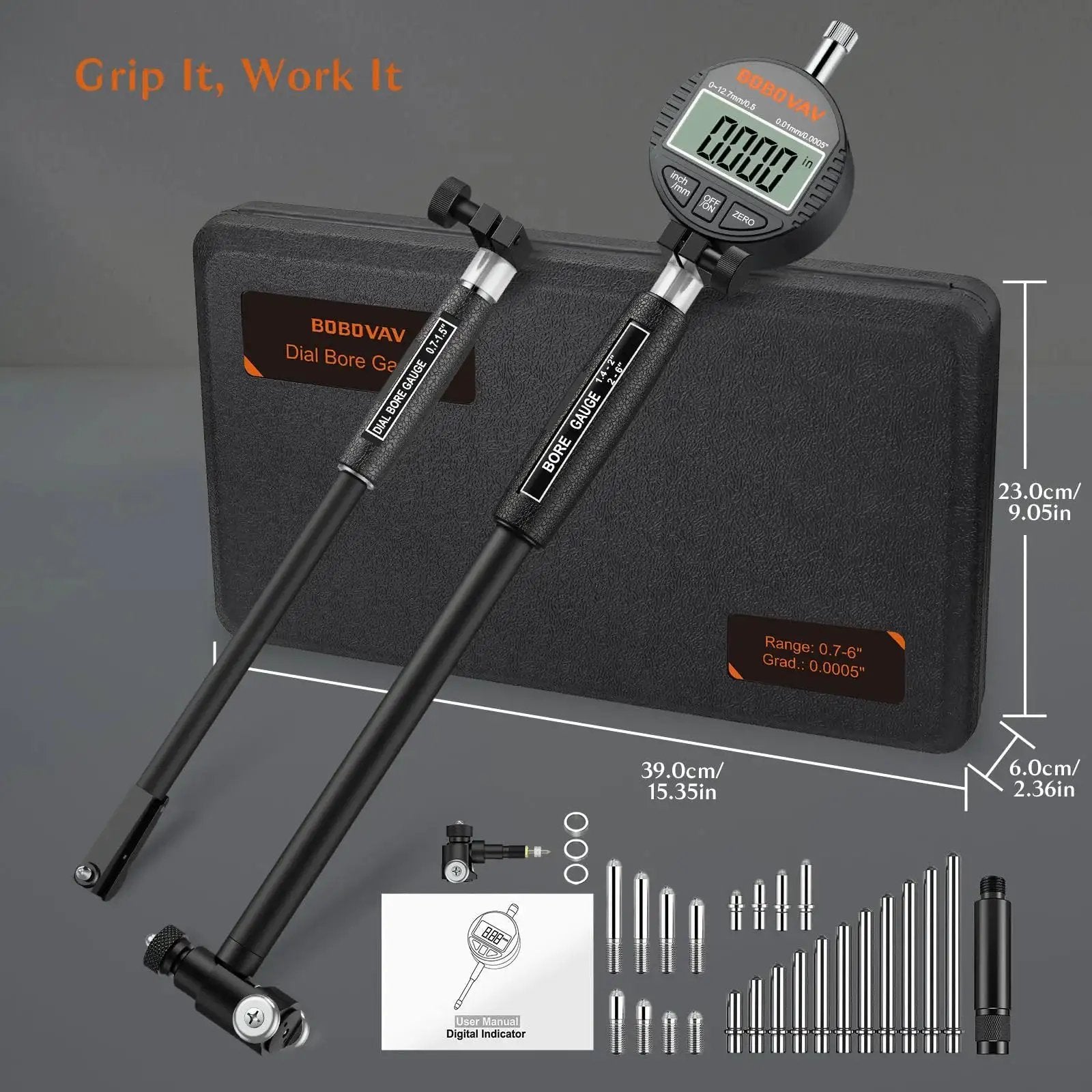 Digital Dial Bore Gauge Set 0.7 to 6 Inch Range with 150mm Depth, Ultra Precision 0.0005 Inch, shown with case and anvils.