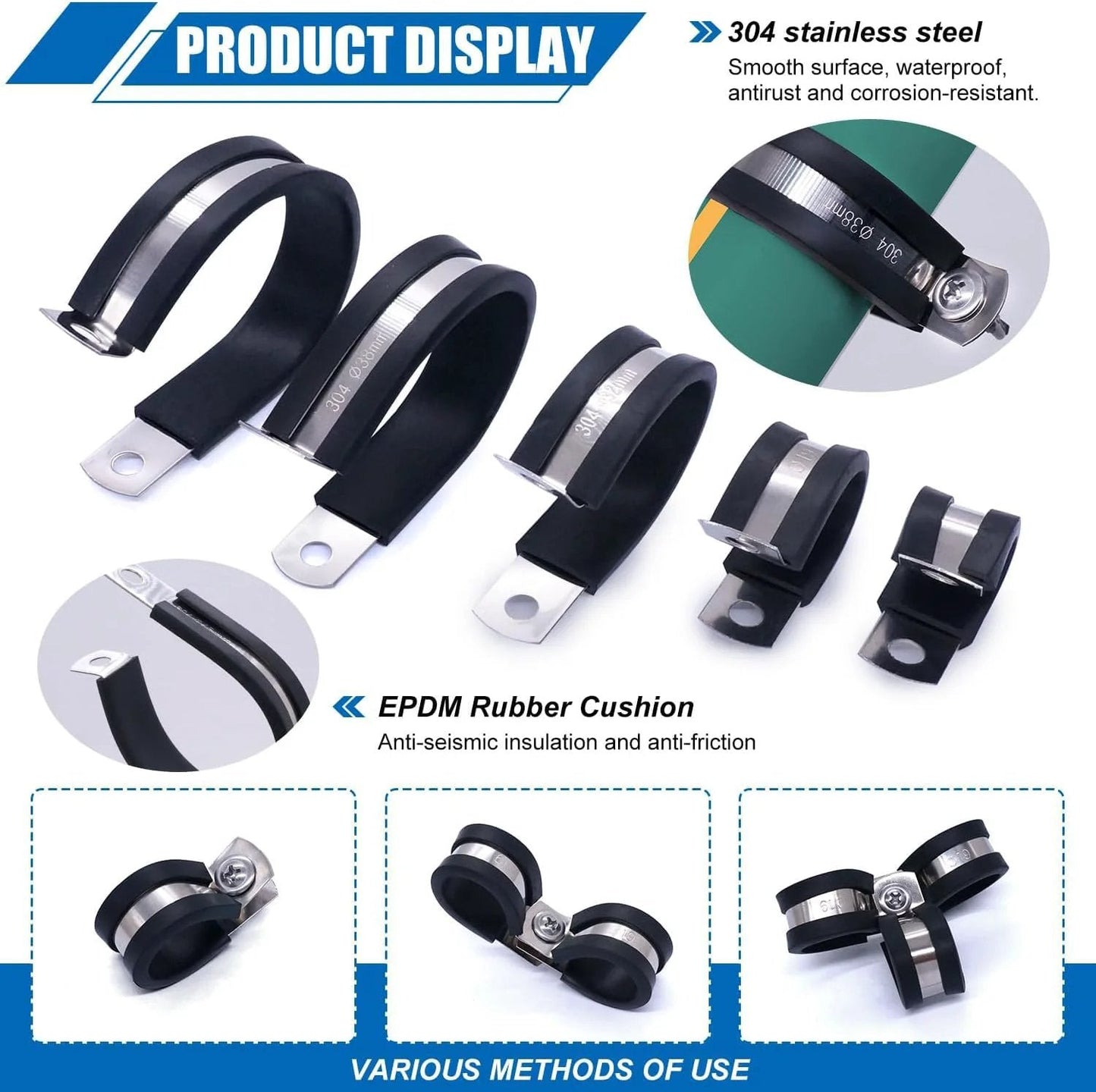 Premium 110 Piece Cable Clamps Assortment Kit With 304 Stainless Steel Rubber Cushioned Clamps In A Handy Handheld Box, Ten Sizes