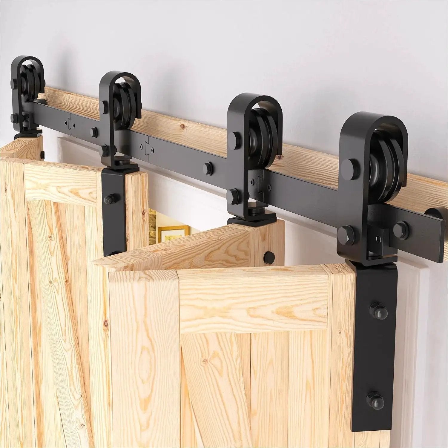 Close-up of a 52 Inch Bifold Barn Door Hardware Kit For 4 Bifold Doors Black Finish Folding Push Pull System installation
