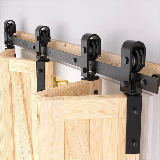 Close-up of a 52 Inch Bifold Barn Door Hardware Kit For 4 Bifold Doors Black Finish Folding Push Pull System installation