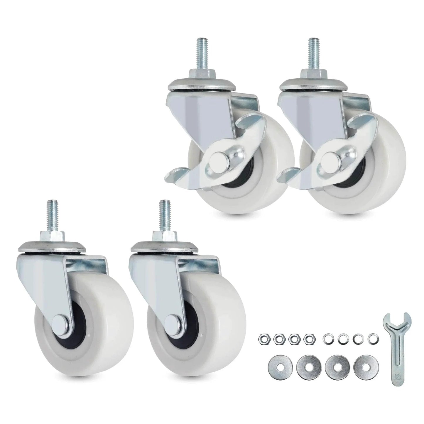 M6 Threaded Stem Caster Wheels 2 Inch PVC Silent No Noise No Scratch Replacement For Tiny Shelving with Brake Swivel Set and Tools