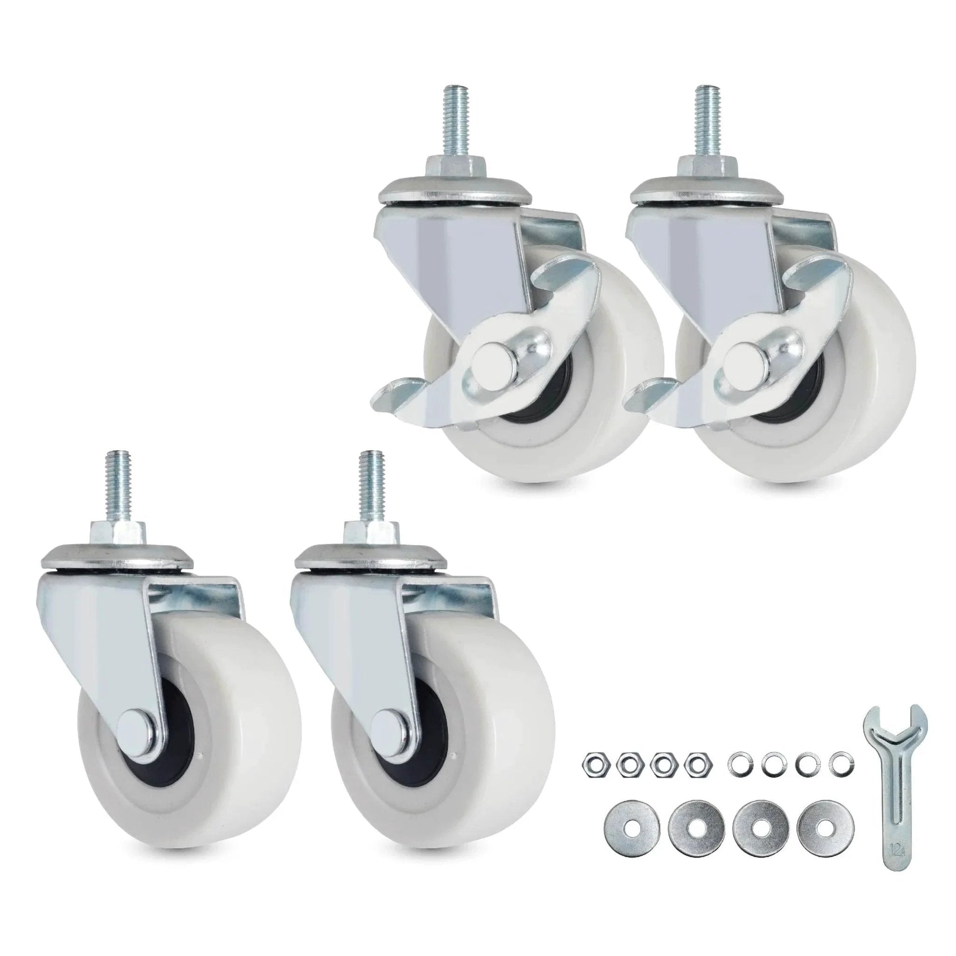 M6 Threaded Stem Caster Wheels 2 Inch PVC Silent No Noise No Scratch Replacement For Tiny Shelving with Brake Swivel Set and Tools