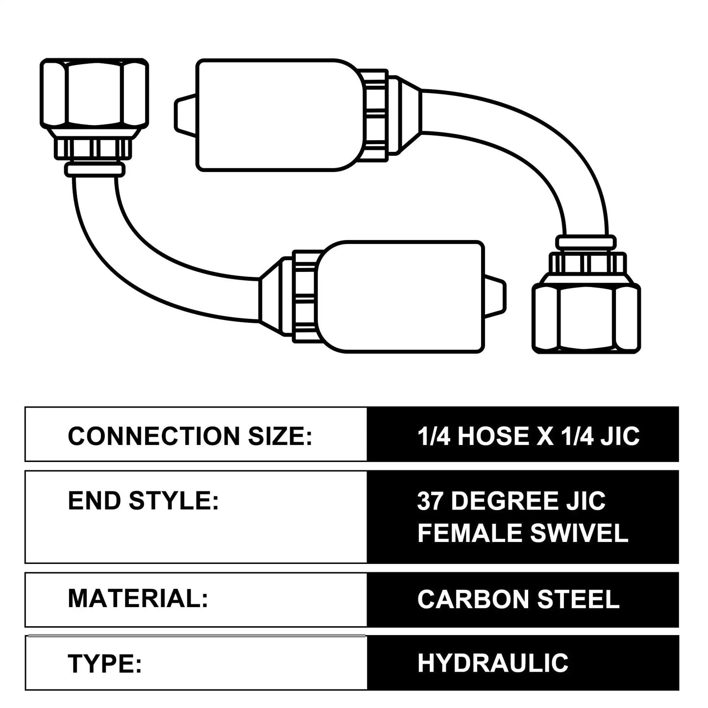 Diagram of Quarter Inch Hydraulic Fittings 90 Degree JIC Hose Crimp Kit for Fluid Power Systems with size and material details